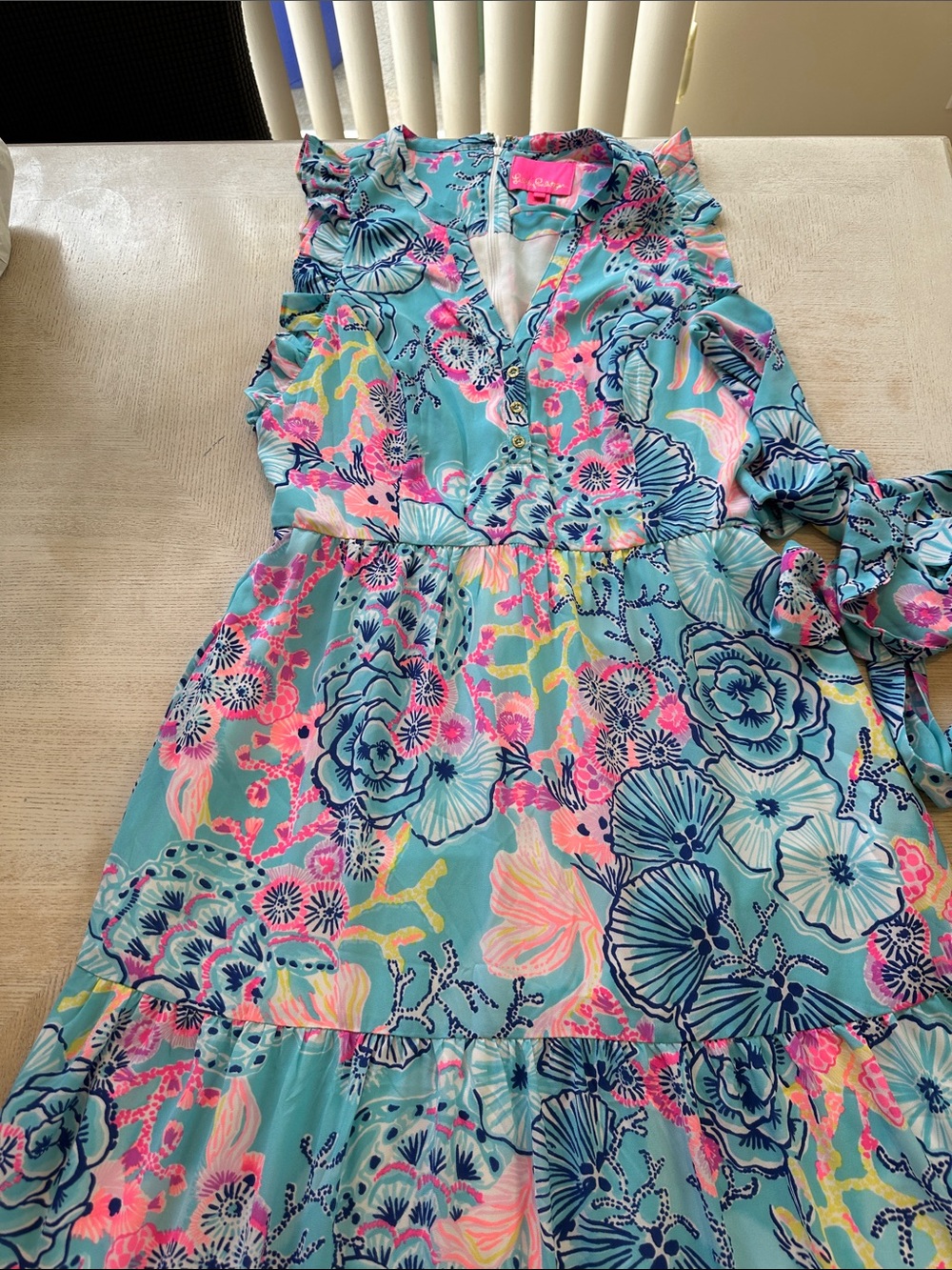 Lilly Pulitzer Women’s Maxi Turquoise Floral Ruffle Sundress with Pink Accents
